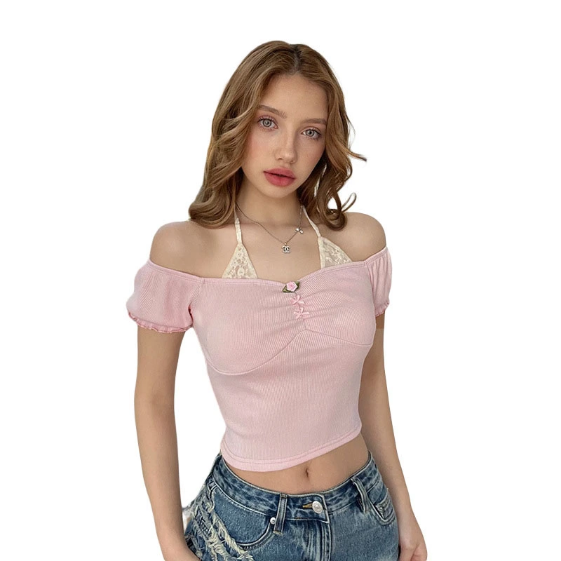 Women Crop Off-Shoulder T-Shirts Lace Patchwork Short Sleeve Tops