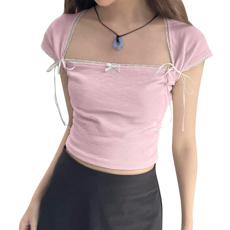 Women's Lace Trim T-Shirts Bow Ribbed Slim Fit Cap sleeves Crop Tops