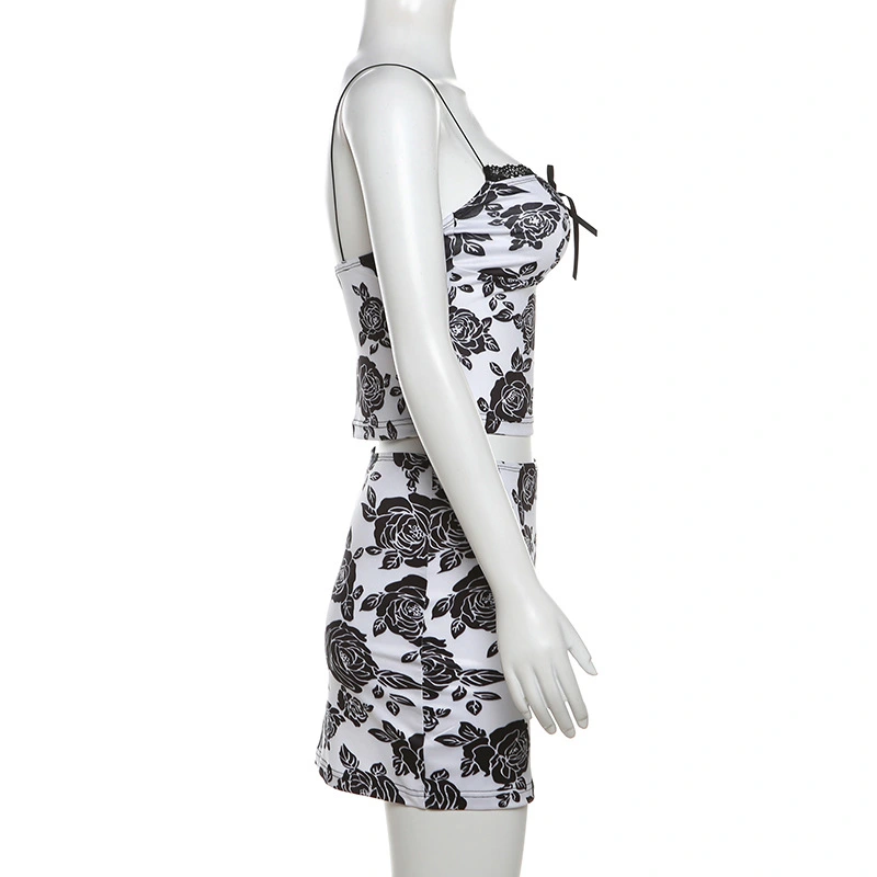 Women's Outfit Rose Print Crop Spaghetti Strap Tops Mini Bodycon Skirt