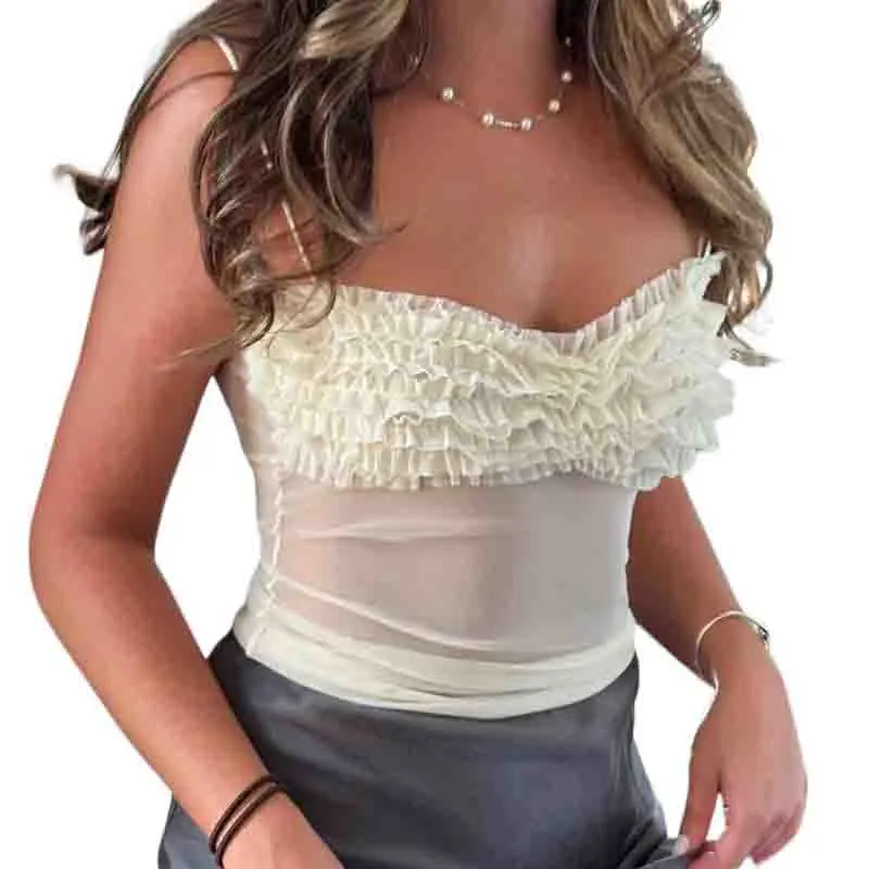 Women Crop Mesh Camisole Casual Summer Ruffles Sheer Tank Tops