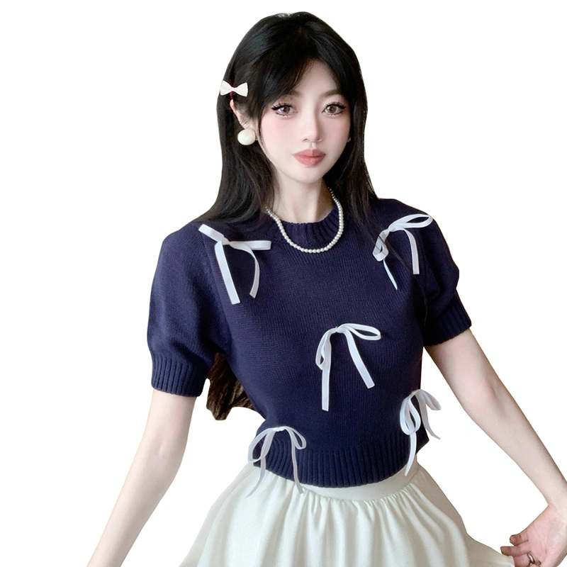 Women Basic Cute Bow T-Shirt Casual Summer Knit Short Sleeve Tops 