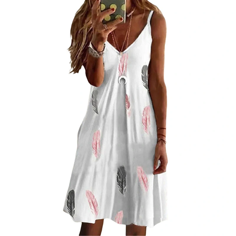 Women Cami Dress Feather/Heart/Pineapple/Flower Print Beach Dress
