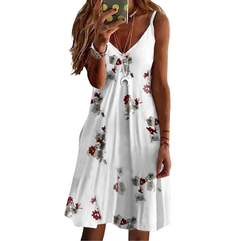 Women Cami Dress Feather/Heart/Pineapple/Flower Print Beach Dress