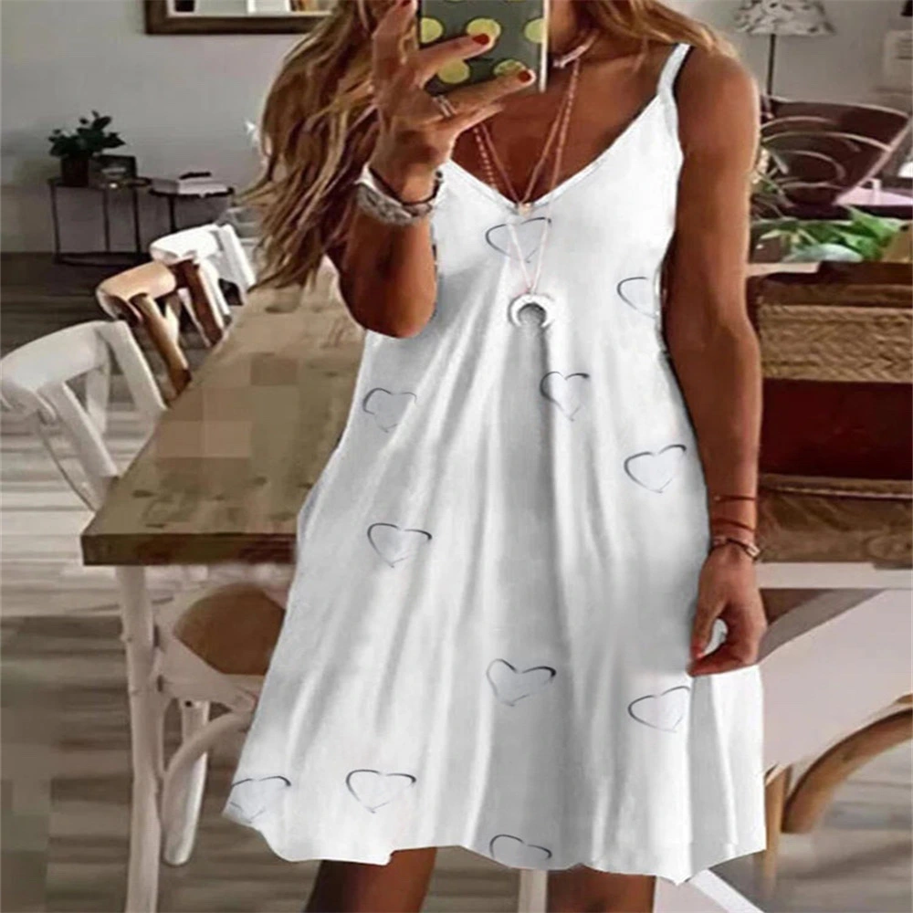 Women Cami Dress Feather/Heart/Pineapple/Flower Print Beach Dress