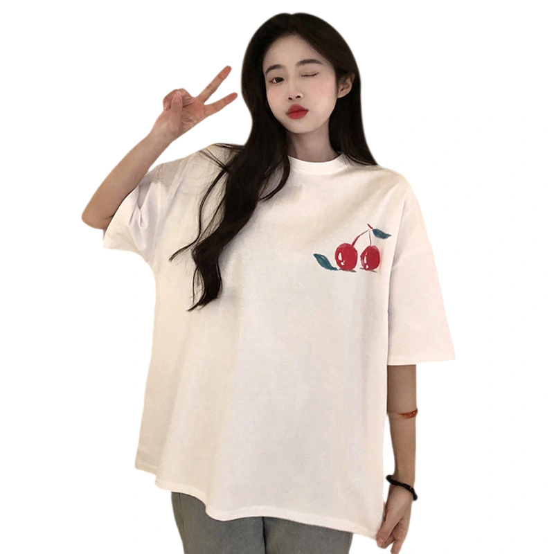 Women's Cherry Print T-Shirt Short Sleeve Round Neck Oversized Tops