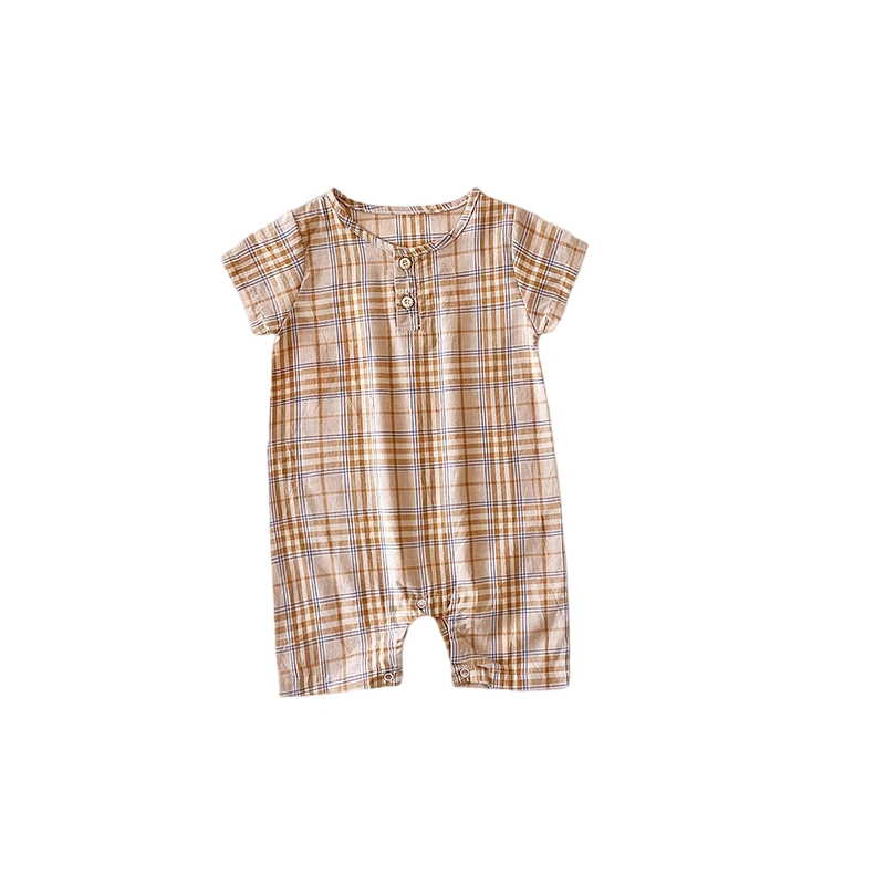 Baby Girls Boys Romper Plaid Round Neck Short Sleeve Jumpsuits