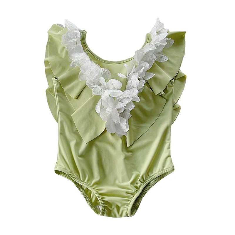 Little Girl Swimsuit Lace Trim Fly Sleeve Back Tie-Up Bathing Suit 