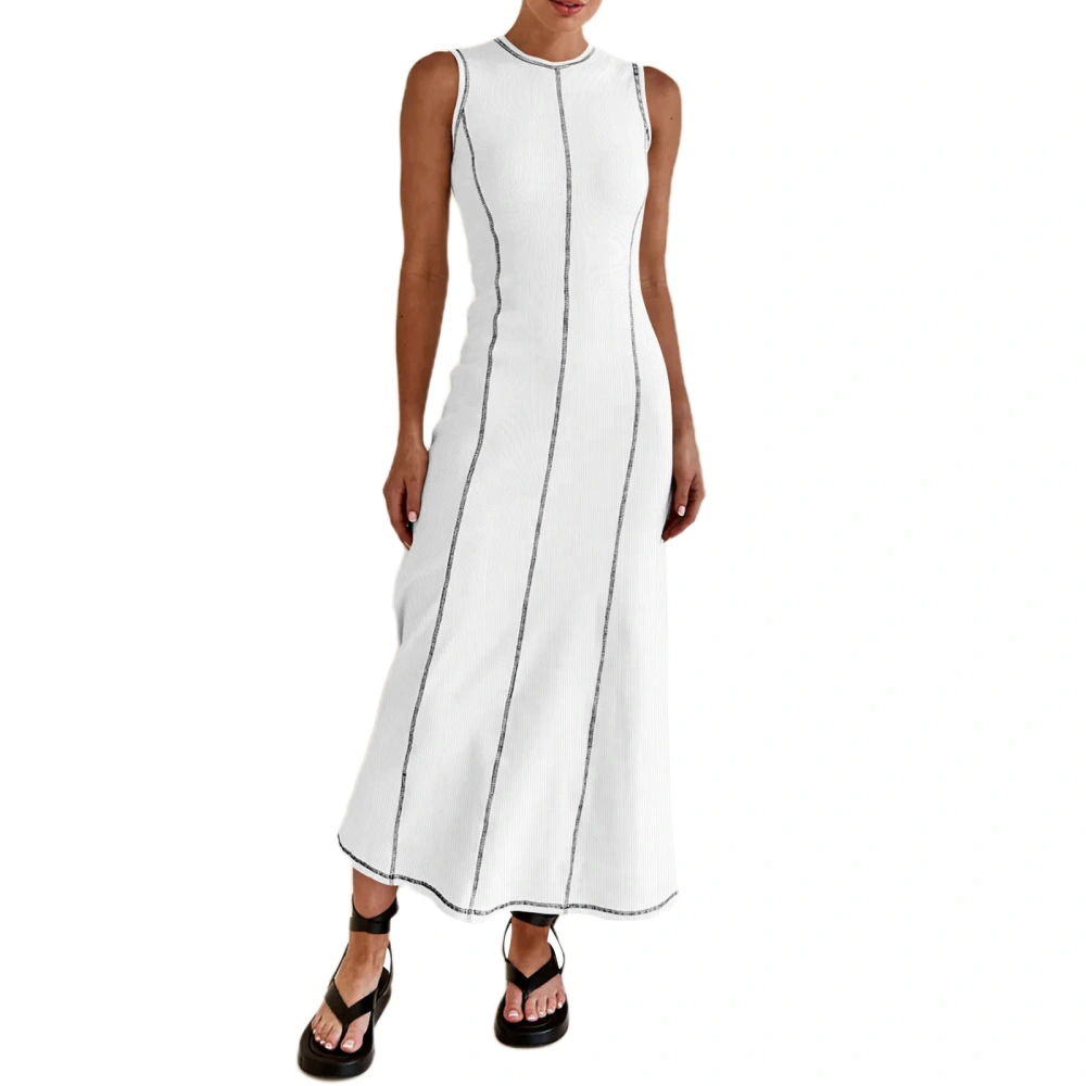 Women Knit Long Dress Contrast Stitching Trim Sleeveless A-Line Dress