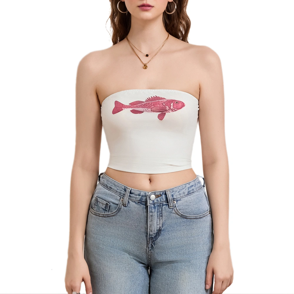 Women Crop Tube Tops Summer Fish/Flower/Shrimp/Tiger Print Bandeau 