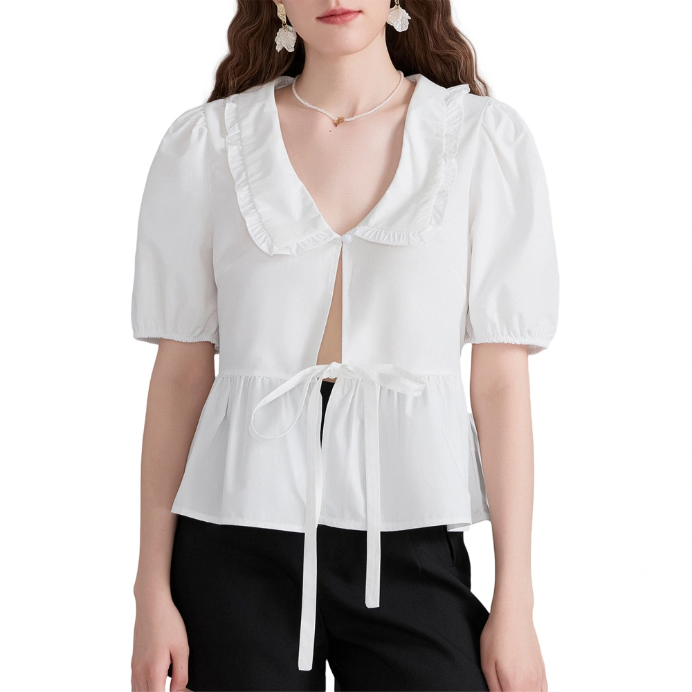 Women Short Sleeve Shirts Solid Color Doll Collar Fashion Blouses