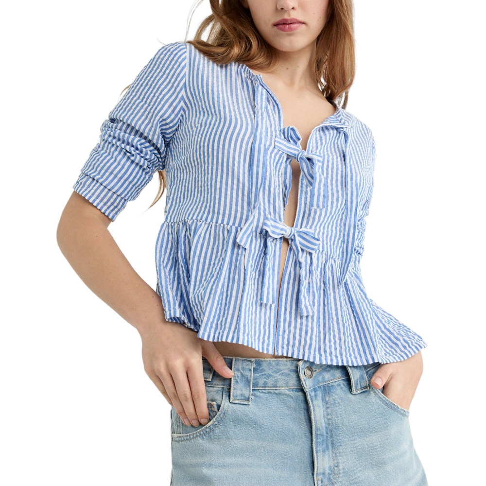 Women Striped Shirt, Elegant Long Sleeve Tie-up Loose Blouse Fall Tops