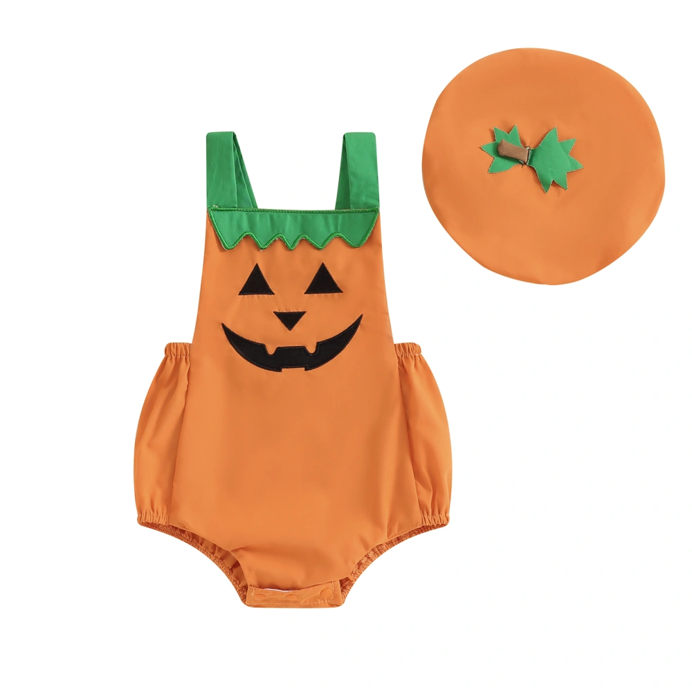 Baby Girl Summer Jumpsuit Halloween Pumpkin Print Romper and Hat