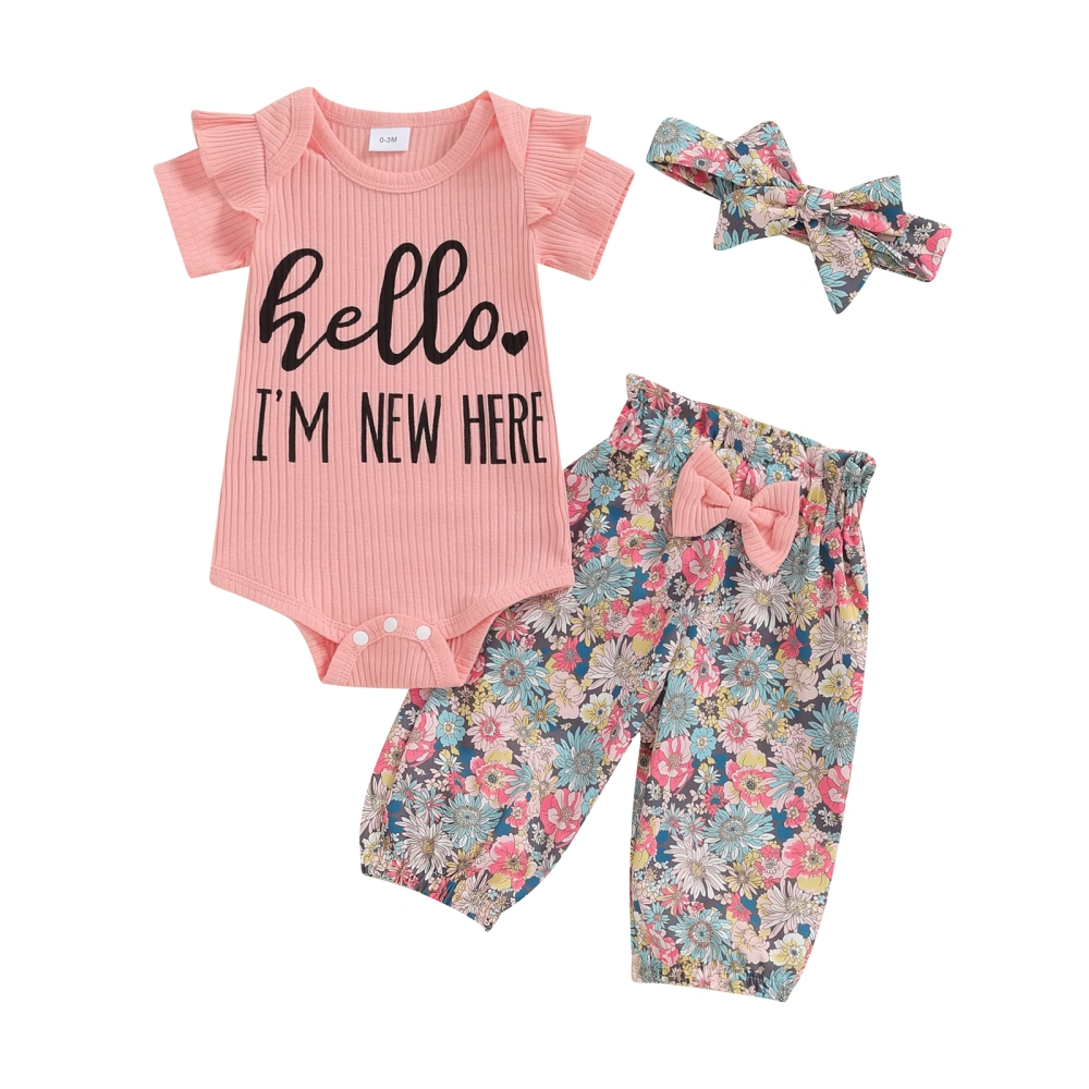 Baby Girls Fall Outfit, Letters Print Romper Floral Pants and Headband