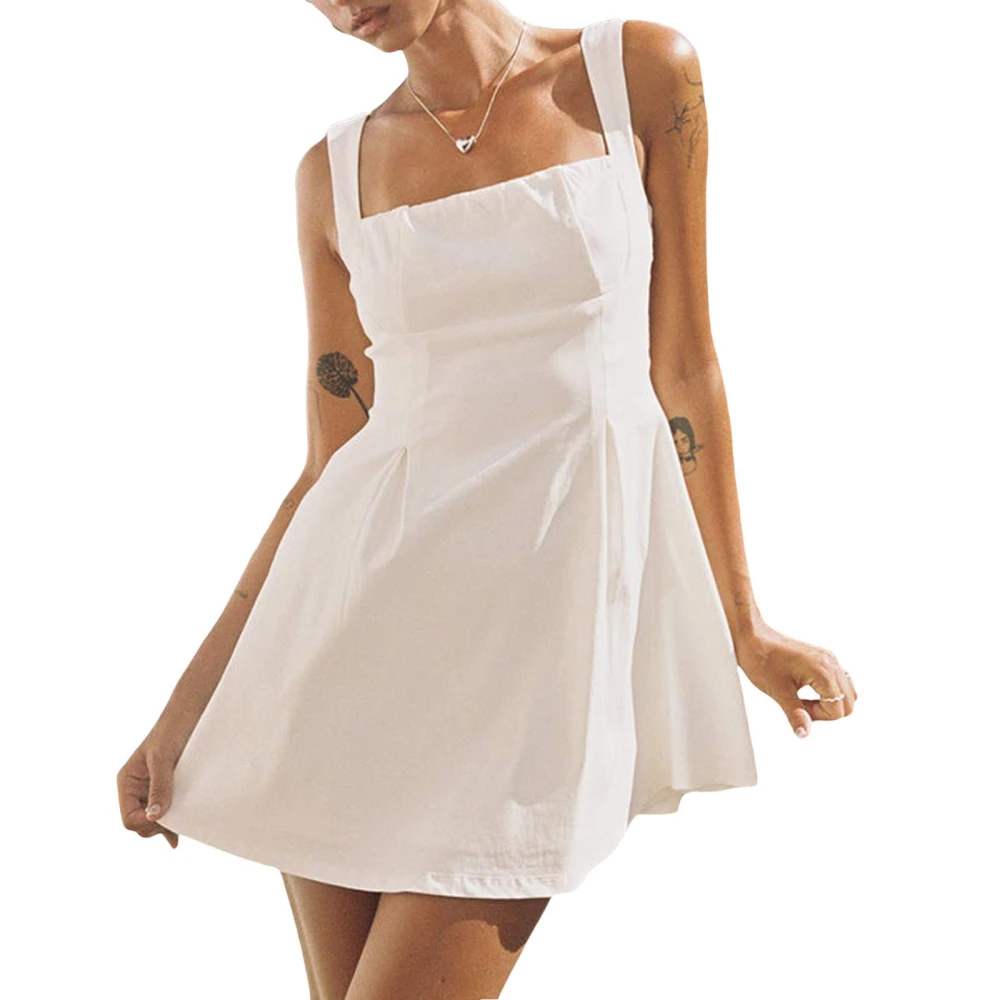 Women's Sleeveless Dress Solid Color Square Neck Mini A-Line Dress