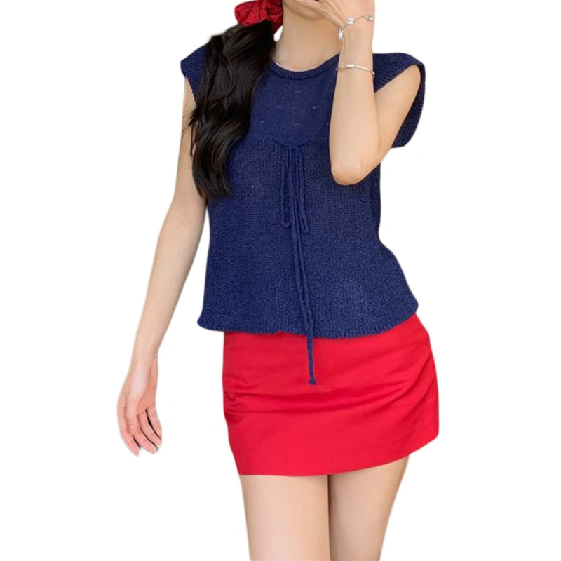 Women's Flutter Sleeves Knit Tops Solid Color Drawstring Tie Knitwear