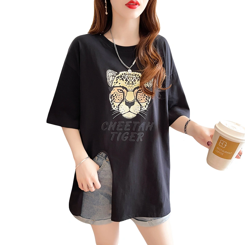 Women's Loose Tops Cheetah Tiger Print Short Sleeve Slit T-Shirt