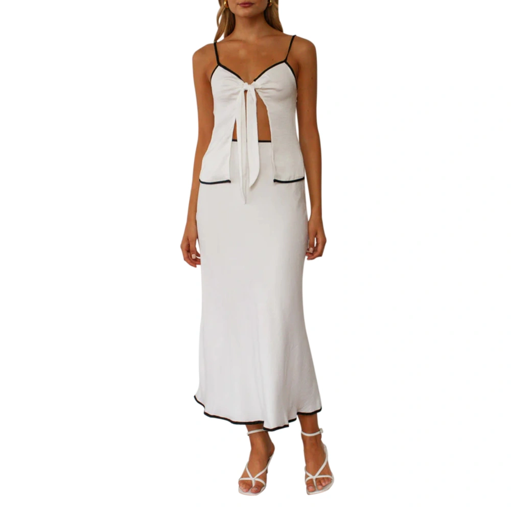 Women's Outfit, Contrast Trim Open Front Knotted Cami Tops Midi Dress 