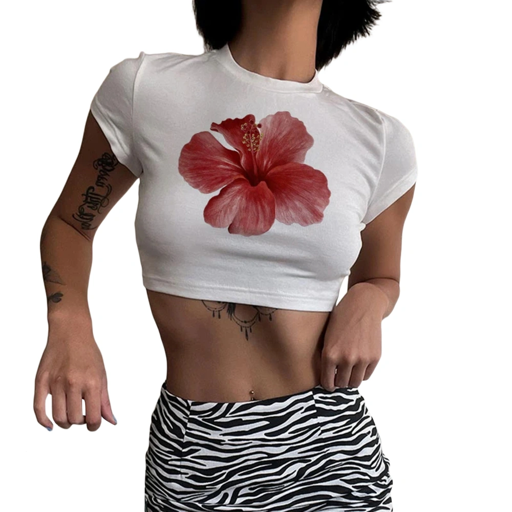 Women's Crew Neck Cropped Tops Short Sleeve Flower Print Baby Tees