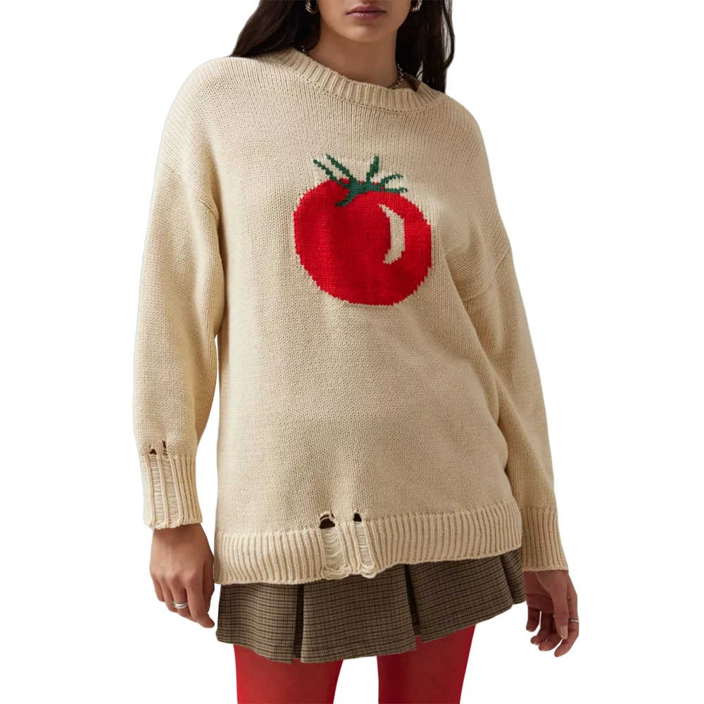 Women's Knitted Tomato Sweaters Hole Long Sleeve Ribbed Loose Tops