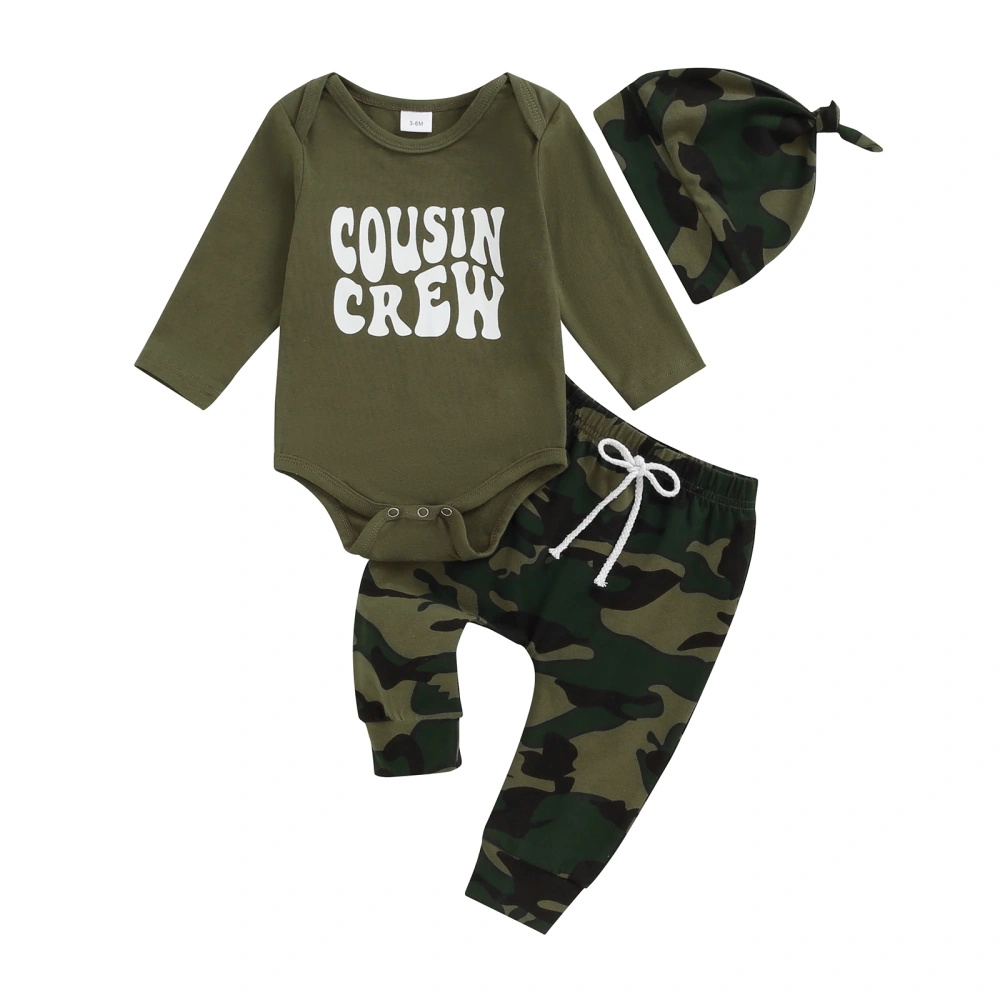 Baby Boys Pants Set, Letters Print Romper with Camouflage Pants Hat