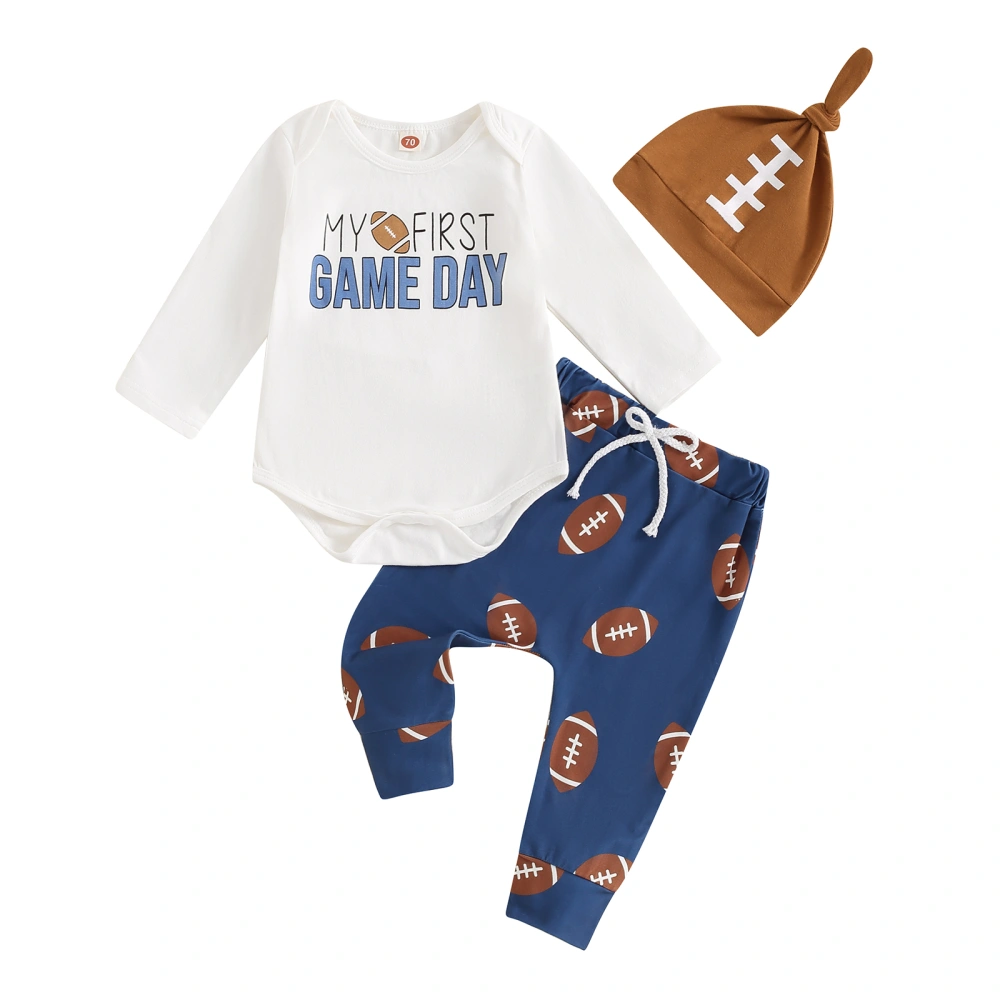 Boy Fall Outfit Long Sleeve Romper Football Pattern Pants Hat