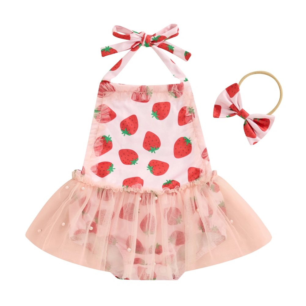 Baby Girl Outfits Sleeveless Strawberry Print Romper with Headband