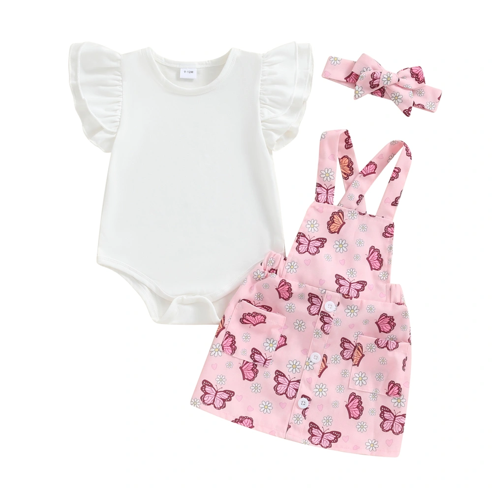 Baby Girl Set, Fly Sleeve Romper Butterfly Suspender Skirt Headband 