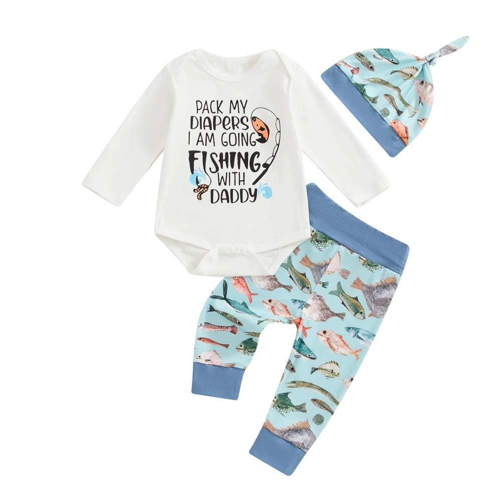 Baby Boy Fall Outfit Letter Print Rompers and Fish Print Pants Hat