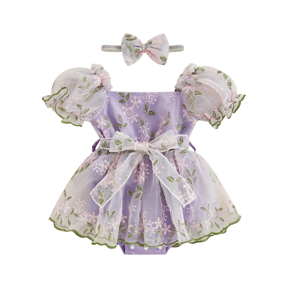 Baby Girl Outfit Leaf Embroidery Mesh Romper Dress Belt Bow Headband 