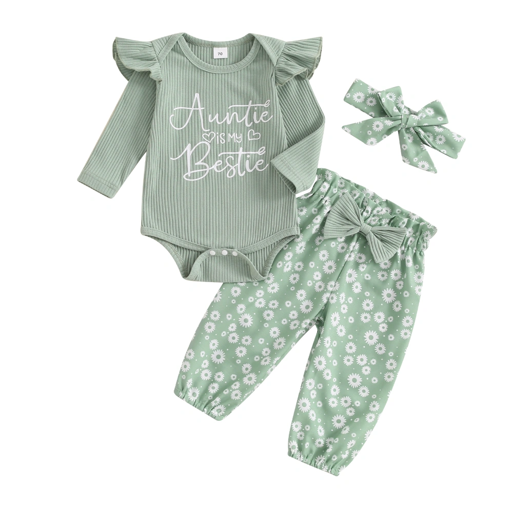 Baby Girl Set Ruffled Ribbed Romper Floral Pants Hair Band Outfits