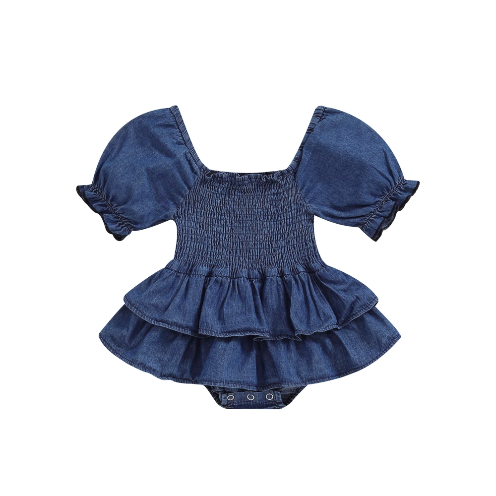 Baby Girl Denim Romper Dress Shirred Short Sleeve Ruffle Jumpsuit 