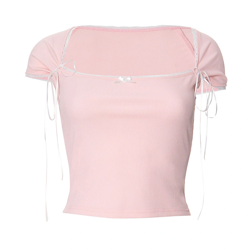 Women T-shirt, Short Sleeve Square Neck Bow Tie-up Lace Trim Crop Top