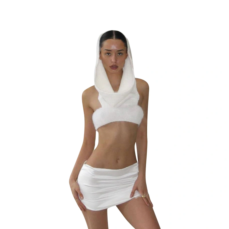 Women’s Two Piece Summer Outfits Hooded Tube Tops and Mini Skirt