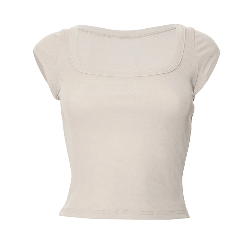 Women Ribbed Short Tops Cap Sleeve Square Neck Solid Color T-shirt