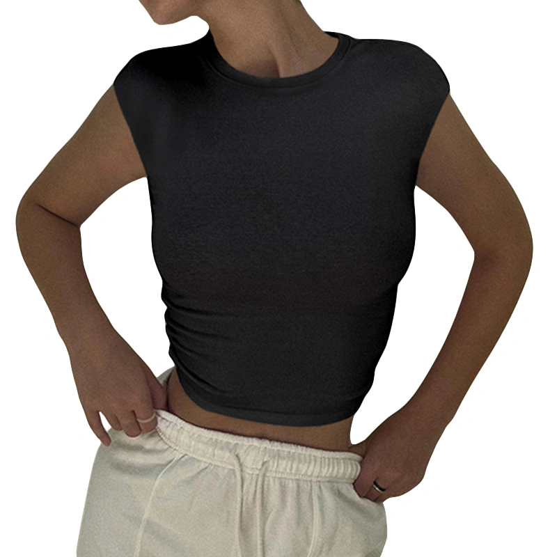 Women's Cap Sleeves Cropped Tops Solid Open Back Twist Slim T-Shirt