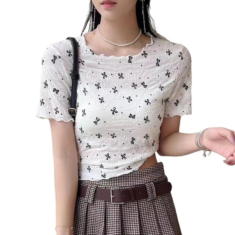 Women Lettuce Edge T-Shirt Bow Print Short Sleeve Slim Fit Casual Tops