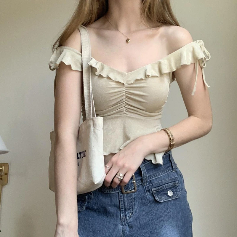 Women Tie Up Tops Short Sleeve Off Shoulder Irregular Hem T-shirt