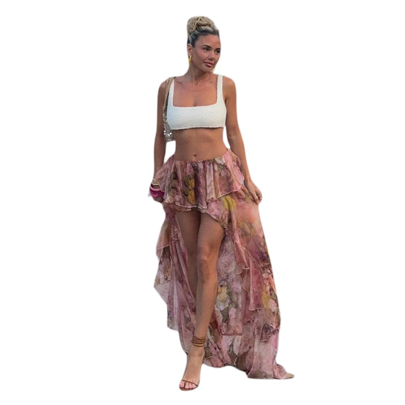 Women's Floral Long Skirts Vintage Ruffle Midi Skirts High Low Skirts