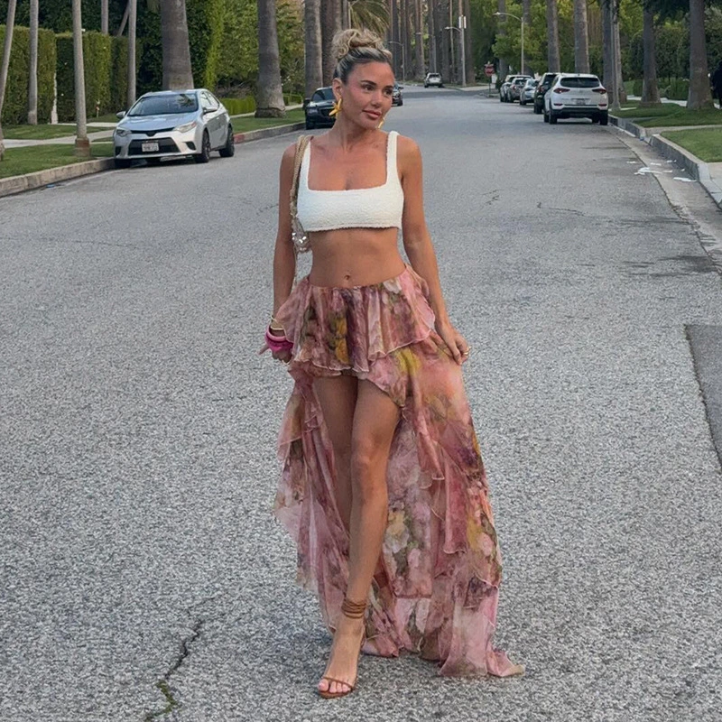 Women's Floral Long Skirts Vintage Ruffle Midi Skirts High Low Skirts