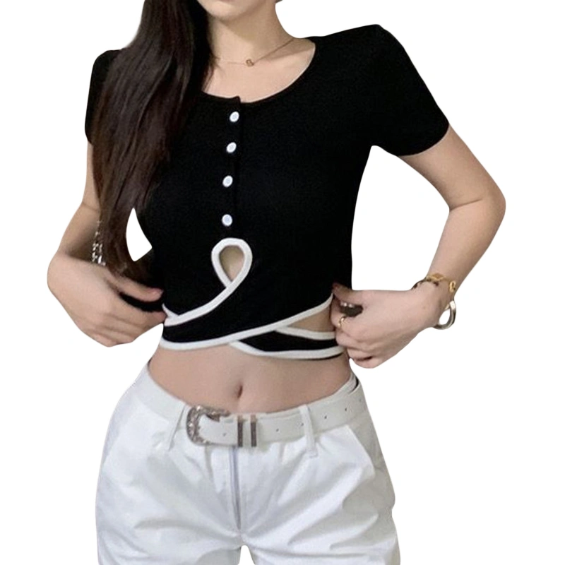 Women Button Short Tops Contrast Color Cross Bandage Hollow T-shirt