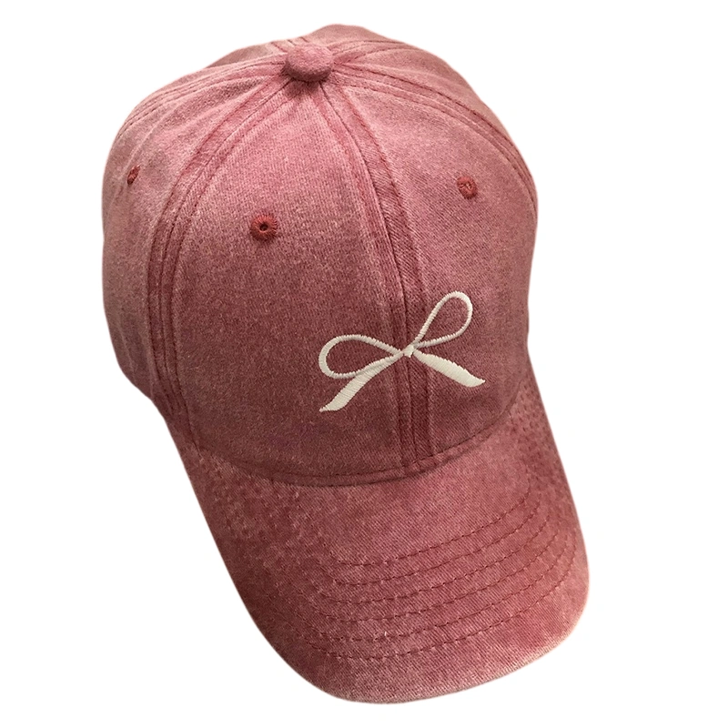 Women Washed Baseball Cap Vintage Bow Embroidery Golf Dad Hat