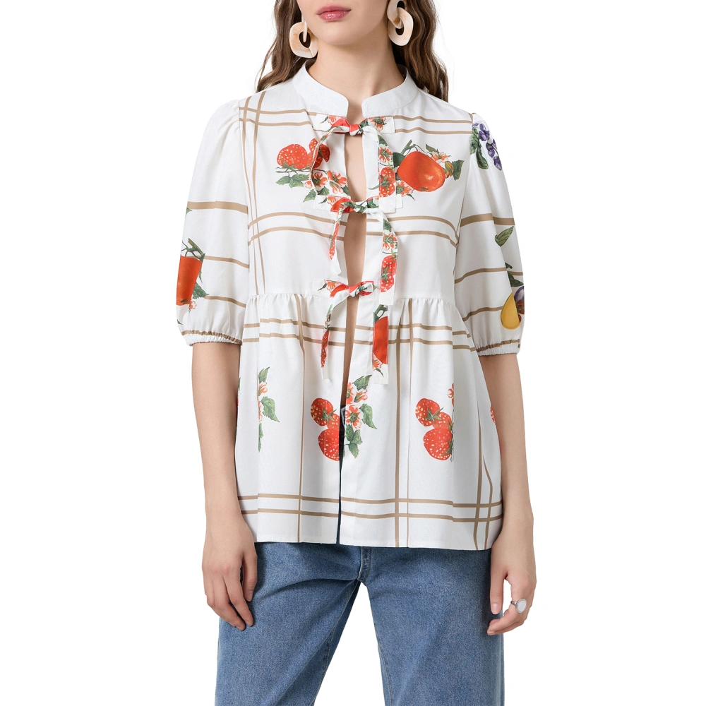 Women Basic T-Shirt Summer Fruit Print Tie Front Short Sleeve Tops