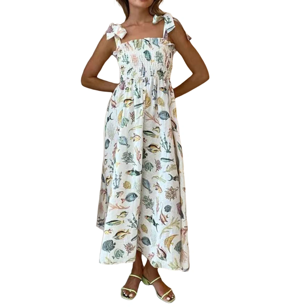 Women's Long Cami Dress Sleeveless Open Back Fish Print Beach Dress