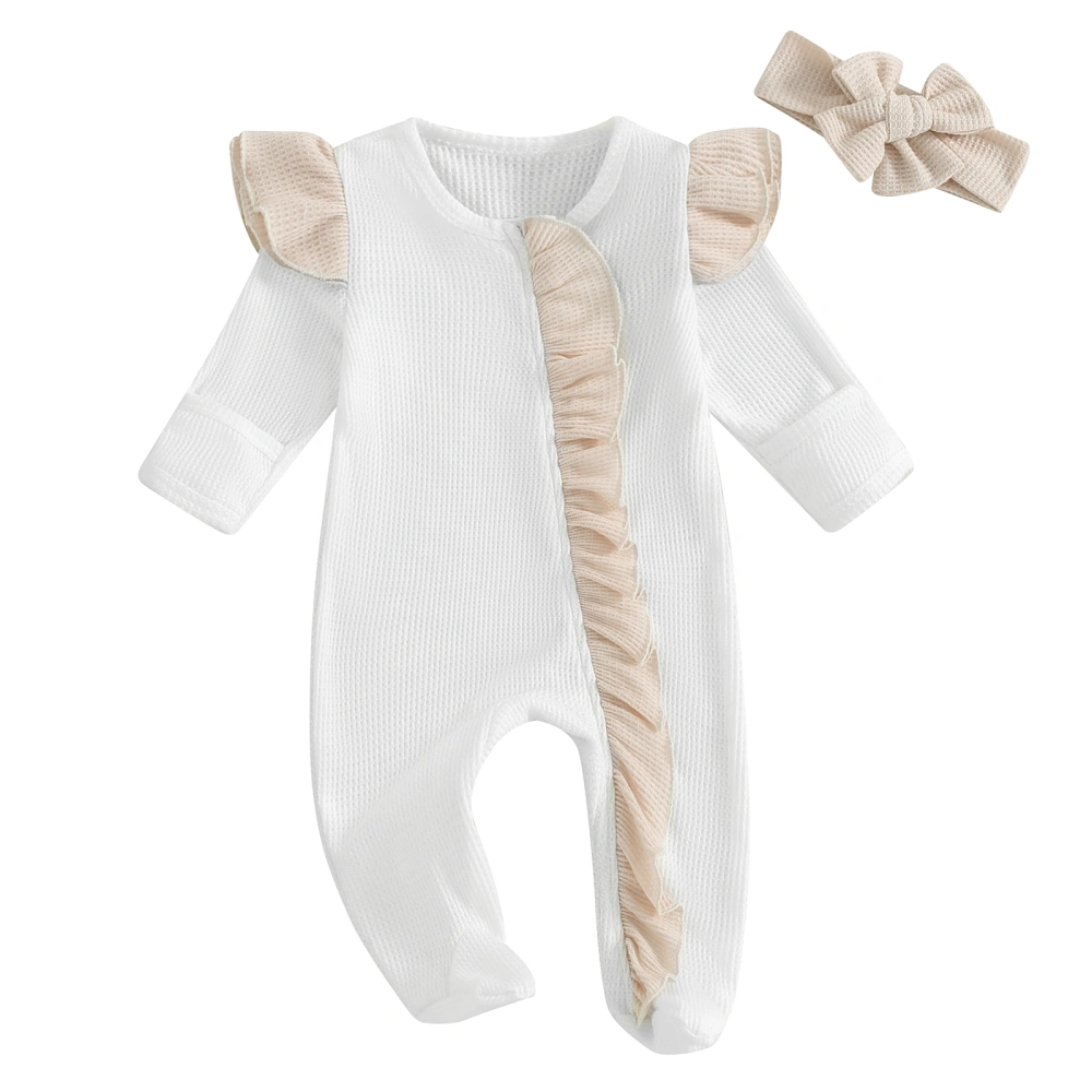 Baby Girls Outfit Long Sleeve Contrast Color Footies Jumpsuit Headband