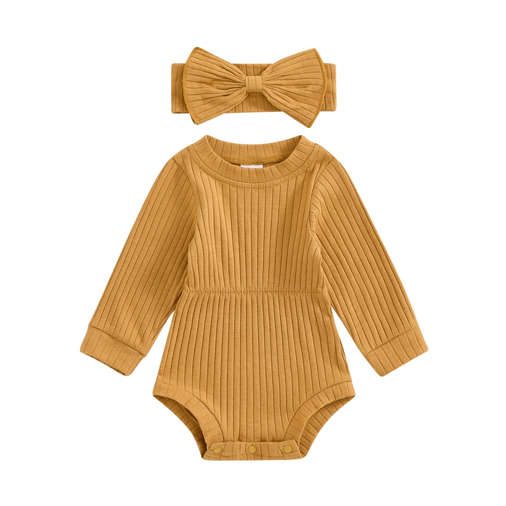 Baby Girl Fall Outfit, Long Sleeve Ribbed Romper Bow Headband