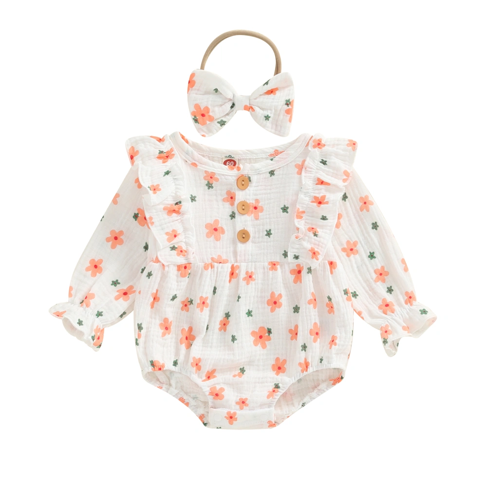 Newborn Girl Outfit, Long Sleeve Crew Neck Floral Romper Hairband