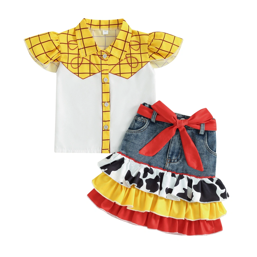 Kids Girl Summer Outfits Plaid Print Tops Denim Skirts Headband