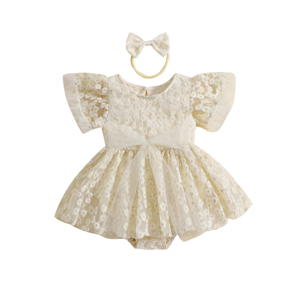 Baby Girl Set Lace Tie-up Daisy Mesh Dress Romper Bow Headband Outfit