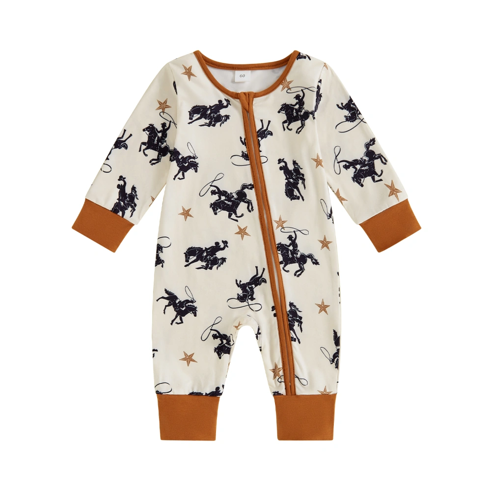 Baby Boy Zipper Romper Western Cowboy Print Long Sleeve Jumpsuit