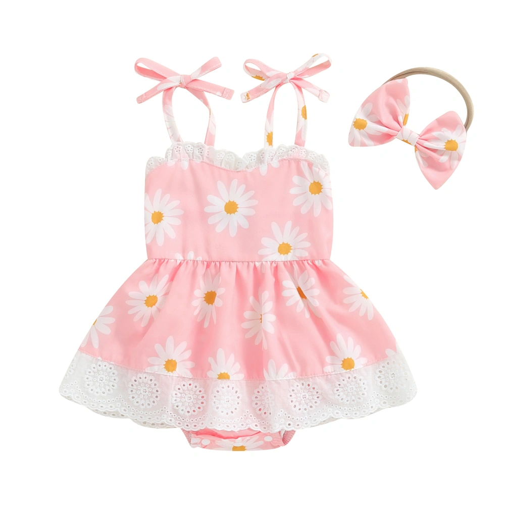 Baby Girl Daisy Set Lace Trim Lacing Dress Romper Bow Headband Outfits